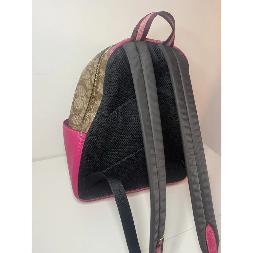 Coach Court Backpack In Signature Canvas With Bold Pink Refined Pebble Leather